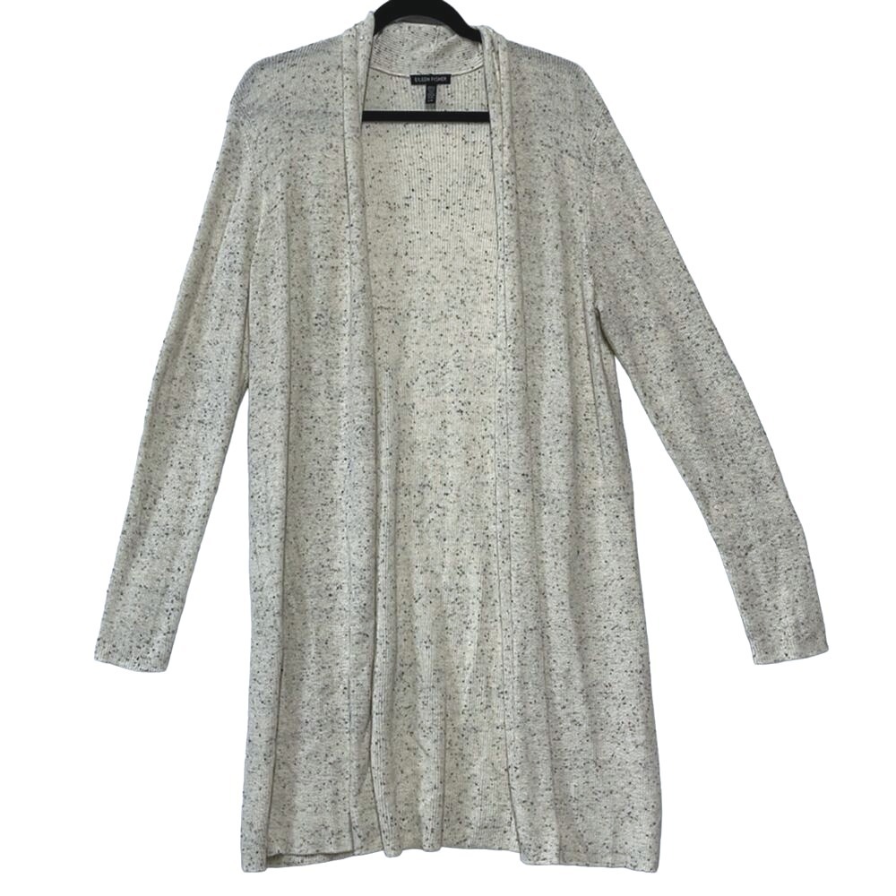 Eileen Fisher Organic Cotton Marled Longline Open Cardigan Sweater Cream Grey L